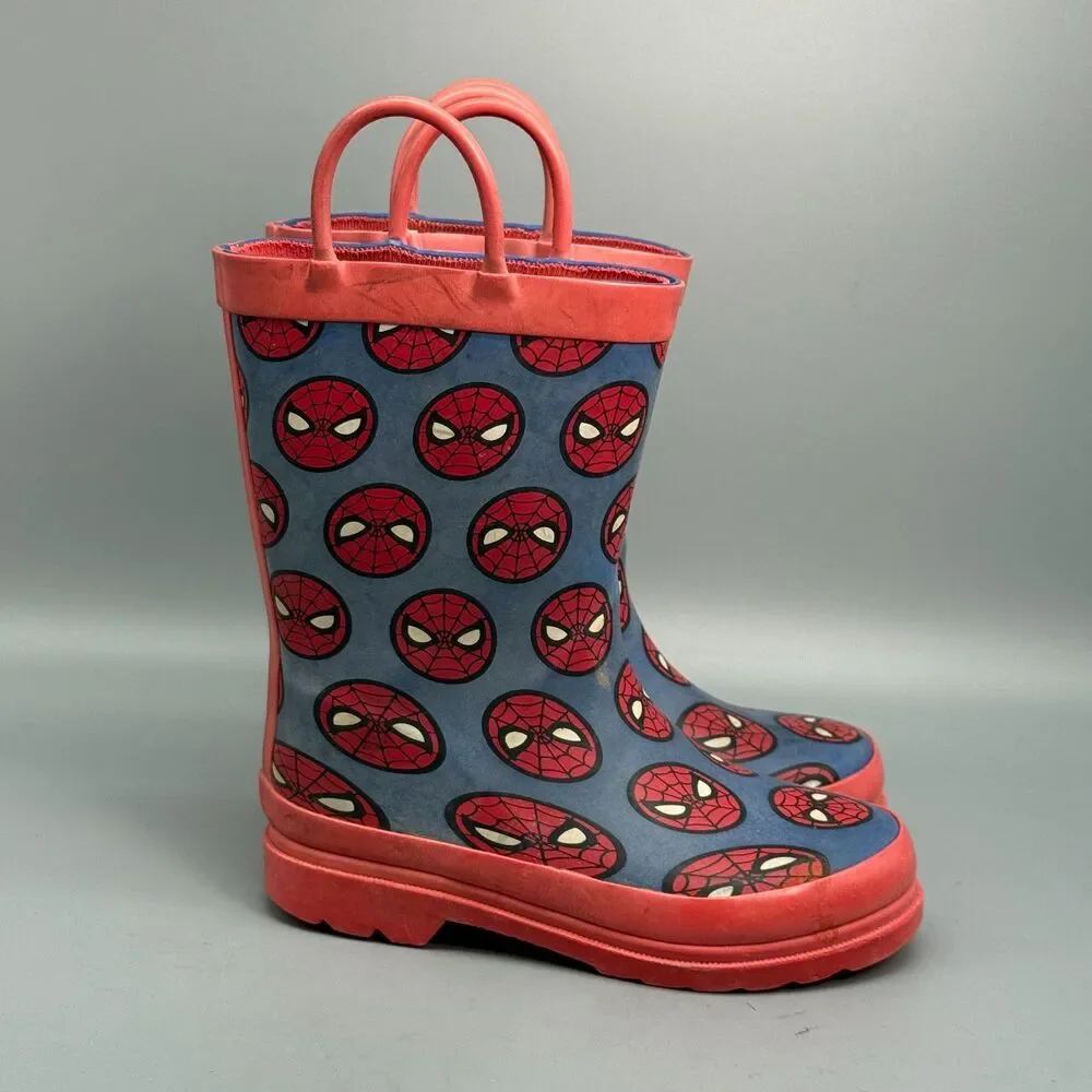 Disney Marvel Spiderman Kids 11 Red Blue Rubber Rain Boots Pull On Waterproof
